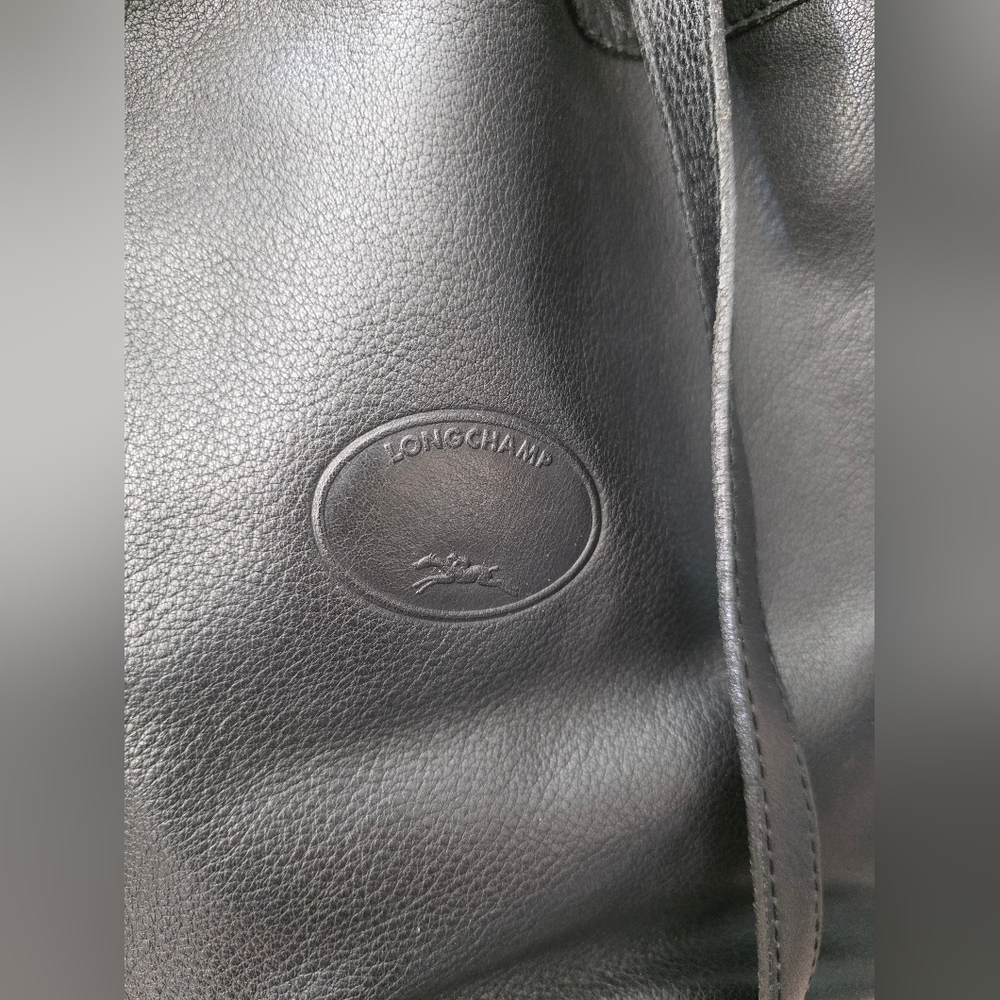 LONGCHAMP BUCKET BAG Black Leather Drawstring 2000s Vintage Designer Y2K - Picture 12 of 15